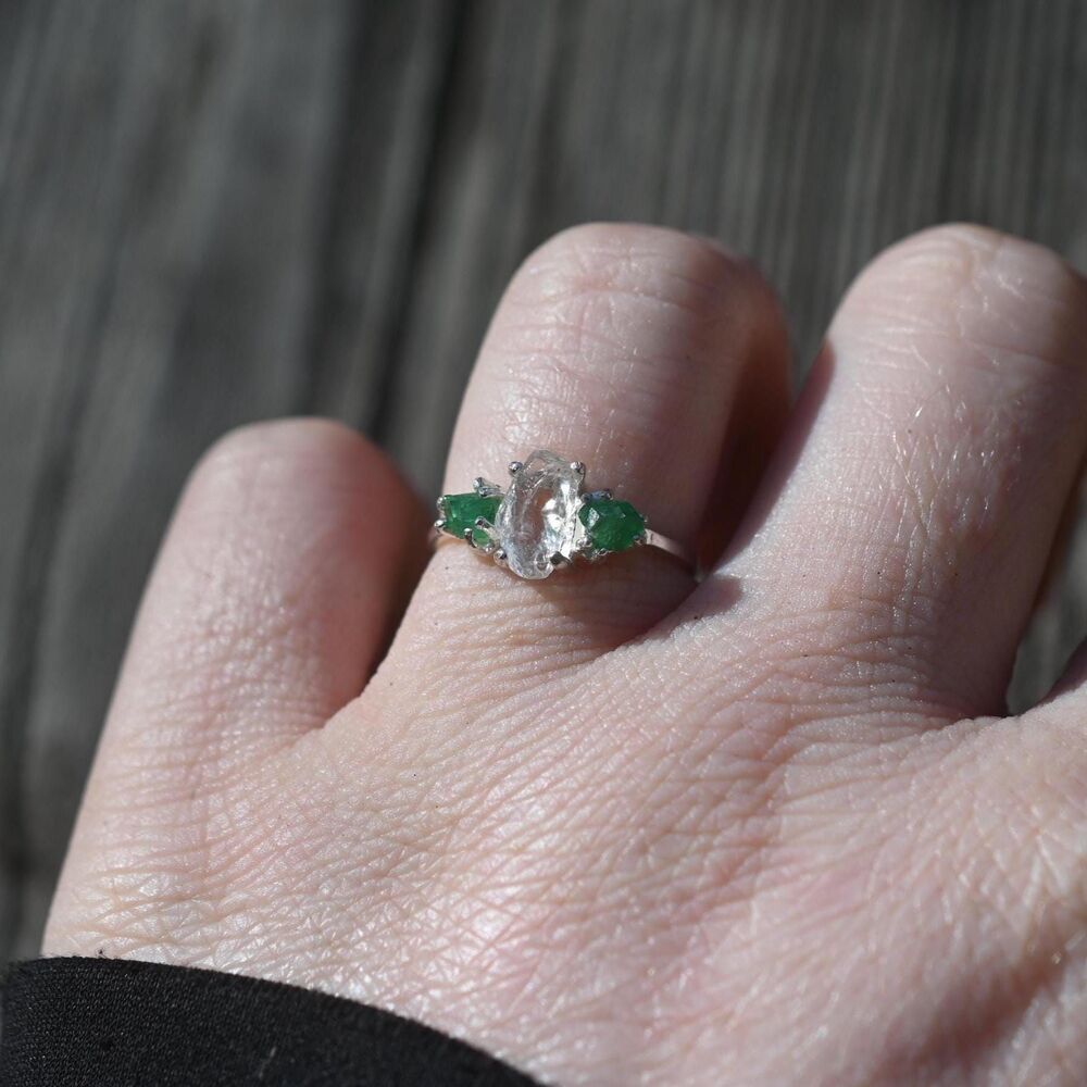 Engagement ring Emerald and Lake County diamond  sterling silver size 3 4 5 6 7